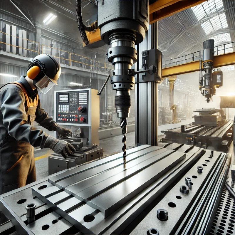 DALL·E 2024-12-23 09.38.40 - A realistic and visually engaging image showcasing metal drilling and bending processes in an industrial setting. A worker in safety gear is operating