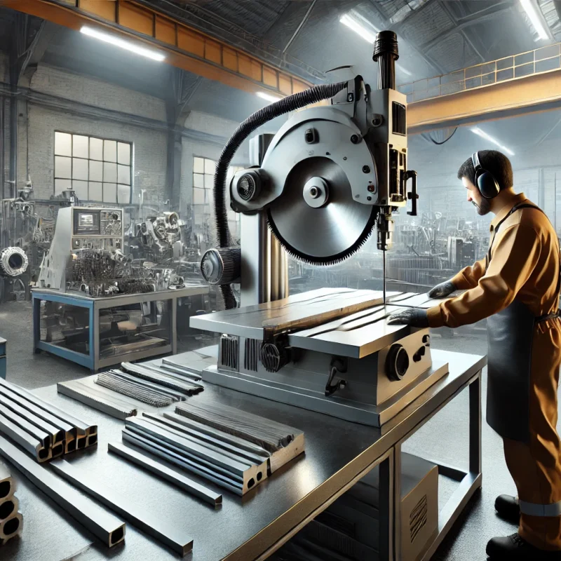 DALL·E 2024-12-23 09.40.32 - A realistic industrial scene showcasing a bandsaw cutting a metal piece. The image features a worker operating the bandsaw in full safety gear, with t