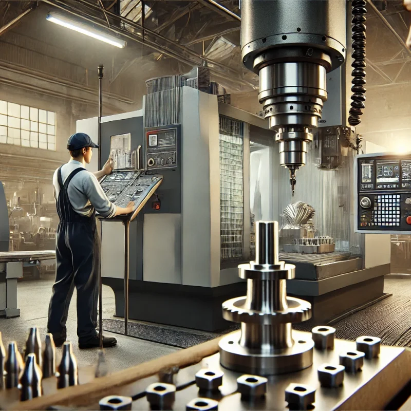 DALL·E 2024-12-23 09.42.00 - A realistic industrial scene showcasing traditional and CNC milling and turning processes. The image features a worker operating a traditional milling