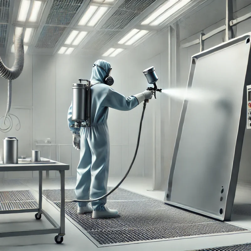 DALL·E 2024-12-23 09.45.14 - A realistic industrial scene showcasing the wet painting process on metal parts. A worker in full protective gear is using a spray gun to apply paint