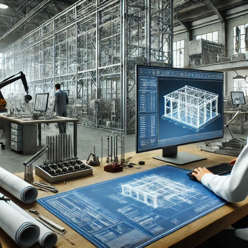 DALL·E 2024-12-23 09.46.50 - A realistic industrial scene showcasing the design and development process in a metal fabrication company. Engineers are working at a desk with comput