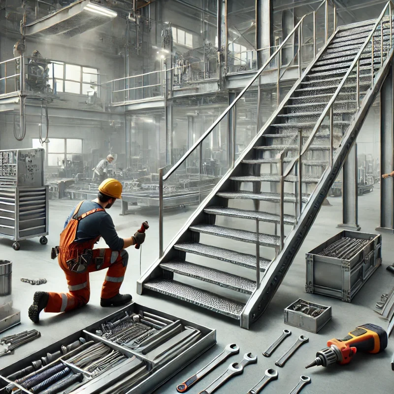 DALL·E 2024-12-23 09.48.34 - A realistic industrial scene showcasing the assembly of a steel staircase. One or two workers in safety gear are carefully assembling the staircase us